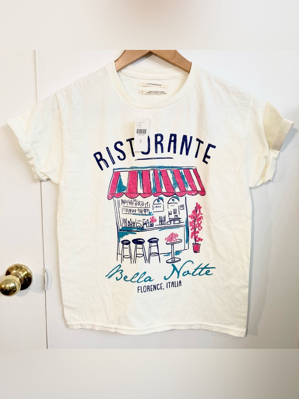 NEW Anthropologie Ristorante Graphic Tee Bella Notte Cotton T-Shirt White/Pink - Picture 2 of 7
